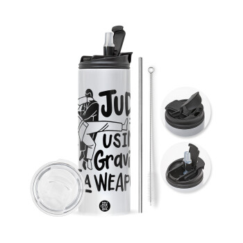 Judo using gravity as a weapon, Travel Tumbler 2 Lids, with metal straw & cleaning brush (Stainless steel 304 Food grade, BPA free, 600ml)