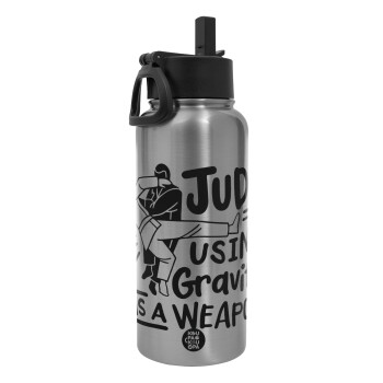 Judo using gravity as a weapon, Metal mug thermo Silver with Straw and Spout Lid (Stainless steel), double wall, 950ml