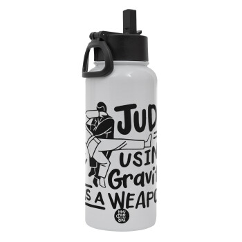 Judo using gravity as a weapon, Metal mug thermo White with Straw and Spout Lid (Stainless steel), double wall, 950ml