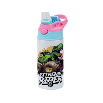 Extreme rider Dyno, Children's hot water bottle, stainless steel, with safety straw, Pink/BlueCiel (360ml) BPA FREE