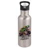 Water bottle Silver with straw, stainless steel 600ml