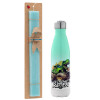 Easter Set, Metallic green/white thermos (Stainless steel), double-walled, 500ml & scented flat Easter candle (30cm) (TURQUOISE)