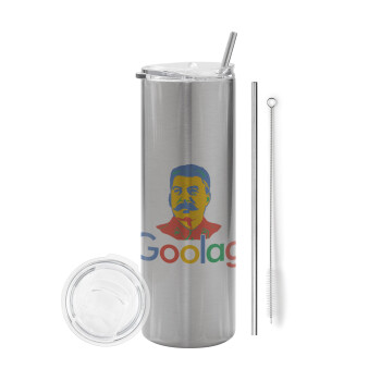 Goolag, Eco friendly stainless steel Silver tumbler 600ml, with metal straw & cleaning brush