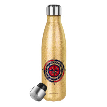 Wind compass, Glitter gold stainless steel thermos bottle, double-walled, 500ml