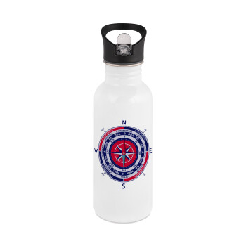 Wind compass, White water bottle with straw, stainless steel 600ml