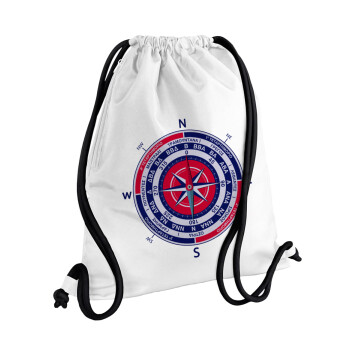 Wind compass, Τσάντα πλάτης πουγκί GYMBAG λευκή, με τσέπη (40x48cm) & χονδρά κορδόνια
