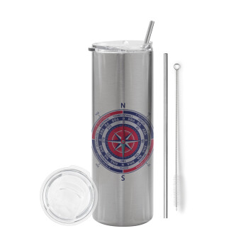 Wind compass, Eco friendly stainless steel Silver tumbler 600ml, with metal straw & cleaning brush