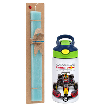 Redbull Racing Team F1, Easter Set, Children's thermal stainless steel bottle with safety straw, green/blue (350ml) & aromatic flat Easter candle (30cm) (TURQUOISE)