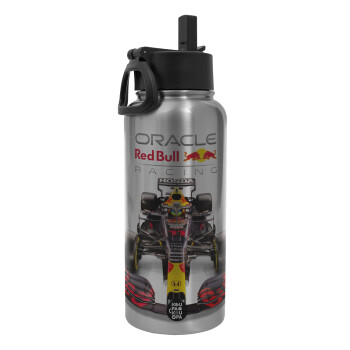 Redbull Racing Team F1, Μεταλλικό παγούρι θερμός Silver με καλαμάκι και χερούλι (Stainless steel), διπλού τοιχώματος, 950ml