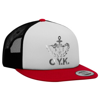 Ο.Υ.Κ., Adult Foam Flat Snapback with Mesh Red-White-Black (POLYESTER, ADULT, UNISEX, ONE SIZE)