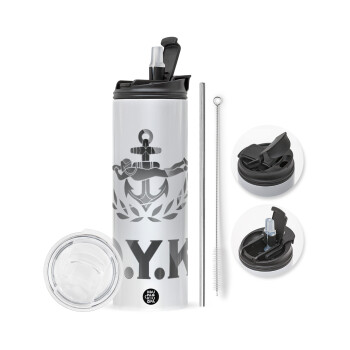 Ο.Υ.Κ., Travel Tumbler 2 Lids, with metal straw & cleaning brush (Stainless steel 304 Food grade, BPA free, 600ml)