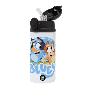 Bluey dog, Παιδικό παγούρι θερμό, ανοξείδωτο, με καλαμάκι ασφαλείας, Μαύρο (360ml) BPA-FREE