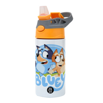 Bluey dog, Children's hot water bottle, stainless steel, with safety straw, Orange/Grey (360ml) BPA-FREE