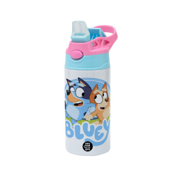 Bluey dog, Children's hot water bottle, stainless steel, with safety straw, Pink/BlueCiel (360ml) BPA FREE