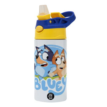 Bluey dog, Children's hot water bottle, stainless steel, with safety straw, green, blue (360ml) BPA FREE