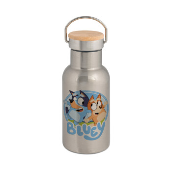 Bluey dog, Stainless steel metallic thermos flask, silver with a bamboo lid, double-walled, 350ml.