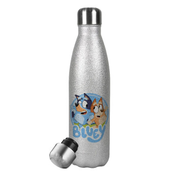 Bluey dog, Μεταλλικό παγούρι θερμός Glitter Aσημένιο (Stainless steel), διπλού τοιχώματος, 500ml