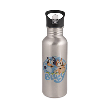 Bluey dog, Water bottle Silver with straw, stainless steel 600ml