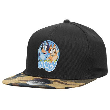 Bluey dog, Adult Flat Snapback Hat Black/Camouflage, (100% COTTON TWILL, ADULT, UNISEX, ONE SIZE)