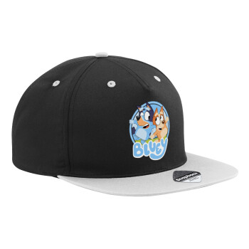 Bluey dog, Adult Flat Snapback Hat Black/Grey, (100% COTTON TWILL, ADULT, UNISEX, ONE SIZE)