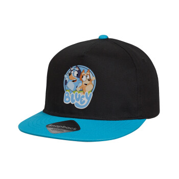 Bluey dog, Καπέλο παιδικό Flat Snapback, Μαύρο/Μπλε (100% ΒΑΜΒΑΚΕΡΟ, ΠΑΙΔΙΚΟ, UNISEX, ONE SIZE)