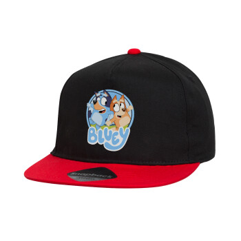 Bluey dog, Καπέλο παιδικό Flat Snapback, Μαύρο/Κόκκινο (100% ΒΑΜΒΑΚΕΡΟ, ΠΑΙΔΙΚΟ, UNISEX, ONE SIZE)