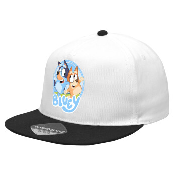 Bluey dog, Καπέλο Ενηλίκων Flat Snapback Λευκό/Μαύρο, (100% ΒΑΜΒΑΚΕΡΟ Twill, ΕΝΗΛΙΚΩΝ, UNISEX, ONE SIZE)