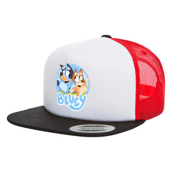 Bluey dog, Adult Foam Flat Snapback with Mesh Black-White-Red (POLYESTER, ADULT, UNISEX, ONE SIZE)