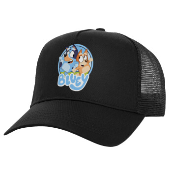 Bluey dog, Structured Trucker Adult Hat, with Mesh, Black (100% COTTON, ADULT, UNISEX, ONE SIZE)