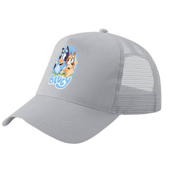 Bluey dog, Adult Structured Trucker Hat, with Mesh, GRAY (100% COTTON, ADULT, UNISEX, ONE SIZE)