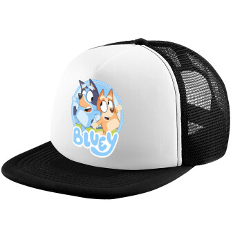 Bluey dog, Adult Soft Trucker Hat with Black/White Mesh (POLYESTER, ADULT, UNISEX, ONE SIZE)