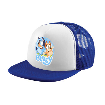 Bluey dog, Adult Soft Trucker Hat with Blue/White Mesh (POLYESTER, ADULT, UNISEX, ONE SIZE)