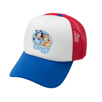 Bluey dog, Καπέλο Ενηλίκων Soft Trucker με Δίχτυ Red/Blue/White (POLYESTER, ΕΝΗΛΙΚΩΝ, UNISEX, ONE SIZE)