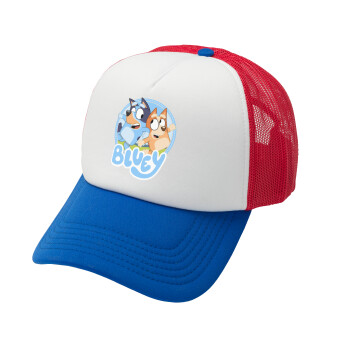 Bluey dog, Adult Soft Trucker Hat with Red/Blue/White Mesh (POLYESTER, ADULT, UNISEX, ONE SIZE)