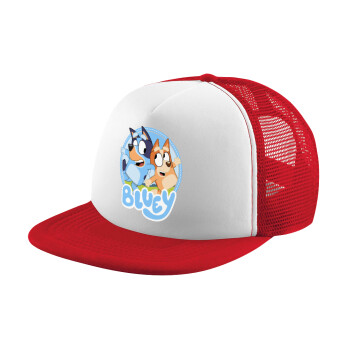 Bluey dog, Adult Soft Trucker Hat with Red/White Mesh (POLYESTER, ADULT, UNISEX, ONE SIZE)