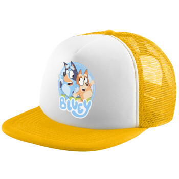 Bluey dog, Adult Soft Trucker Hat with Yellow/White Mesh (POLYESTER, ADULT, UNISEX, ONE SIZE)