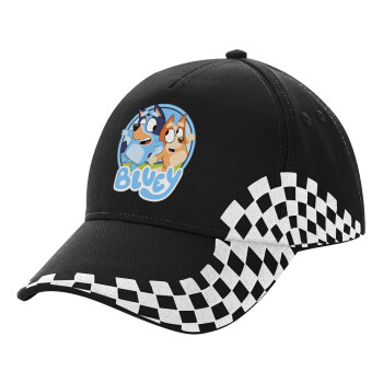 Bluey dog, Adult Ultimate BLACK RACING Cap, (100% COTTON DRILL, ADULT, UNISEX, ONE SIZE)