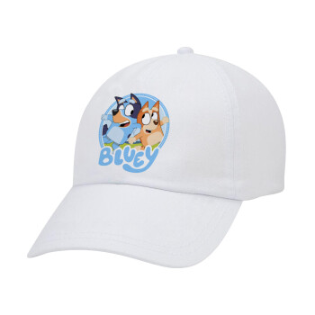 Bluey dog, Adult Baseball Cap White 5-panel (POLYESTER, ADULT, UNISEX, ONE SIZE)