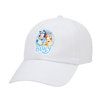 Bluey dog, Adult Baseball Cap White 5-panel (POLYESTER, ADULT, UNISEX, ONE SIZE)