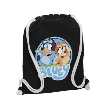 Bluey dog, Backpack pouch GYMBAG Black, with pocket (40x48cm) & thick white cords