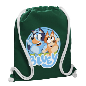 Bluey dog, Backpack pouch GYMBAG BOTTLE GREEN, with pocket (40x48cm) & thick white cords