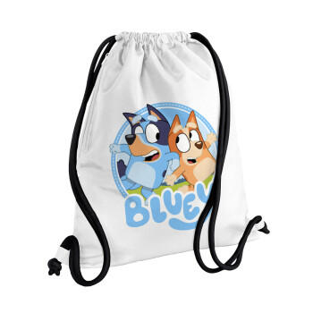 Bluey dog, Τσάντα πλάτης πουγκί GYMBAG λευκή, με τσέπη (40x48cm) & χονδρά κορδόνια
