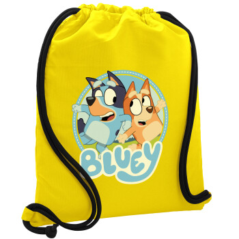 Bluey dog, Backpack pouch GYMBAG Yellow, with pocket (40x48cm) & thick cords