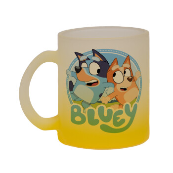 Bluey dog, Κούπα γυάλινη δίχρωμη με βάση το κίτρινο ματ, 330ml