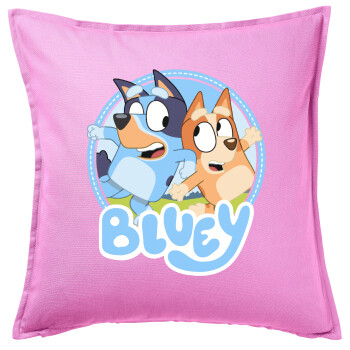 Bluey dog, Μαξιλάρι καναπέ ΡΟΖ 100% βαμβάκι, περιέχεται το γέμισμα (50x50cm)