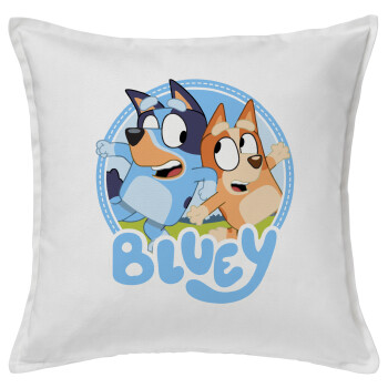 Bluey dog, Μαξιλάρι καναπέ ΛΕΥΚΟ 100% βαμβάκι, περιέχεται το γέμισμα (50x50cm)