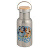 Stainless steel metallic thermos flask, silver with a bamboo lid, double-walled, 350ml.