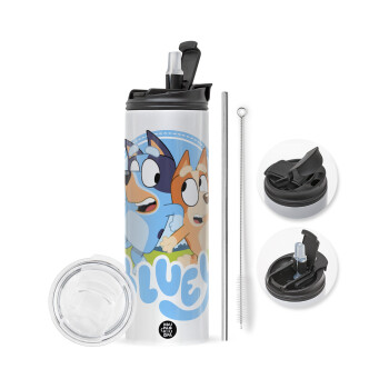 Bluey dog, Travel Tumbler θερμό με διπλό καπάκι, μεταλλικό καλαμάκι και βούρτσα καθαρισμού (Ανωξείδωτο 304 Food grade, BPA free, 600ml)