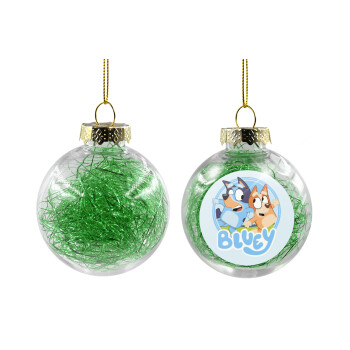 Bluey dog, Transparent Christmas tree ball ornament with green filling 8cm