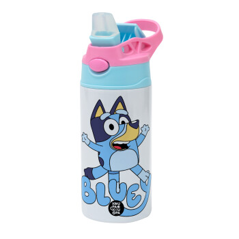 The Bluey, Children's hot water bottle, stainless steel, with safety straw, Pink/BlueCiel (360ml) BPA FREE